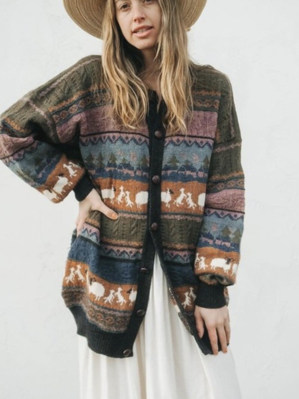 Blarney Wool  Multi-Color Cardigan With Sheep,landscape Sz.L